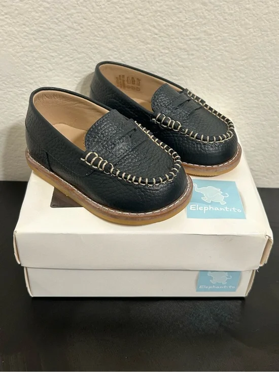 Elephantito Penny Loafers Navy Leather Boys Toddler Size 6 Slip On Dress Shoes