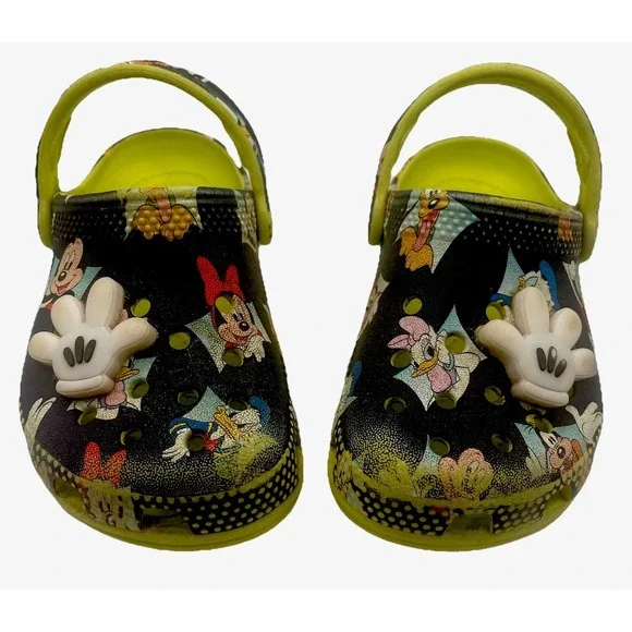 Disney Mickey Minnie Crocs Kids C8 Black‎ Lime Classic Clog Jibbitz Toddler