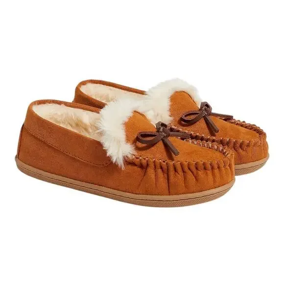Crewcuts Kids Suede Fur Lined Moccasin Slippers Brown Cozy Preppy Size K1
