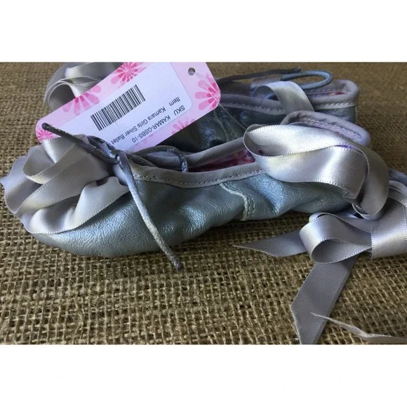 Kamara Toddler Girls Size 10 Gray Silver Leather Ballet Slippers Satin Ribbon