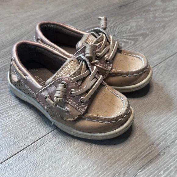 Sperry Songfish‎ Jr Girls Metallic Tan Leather Boat Shoes Toddler Size 7