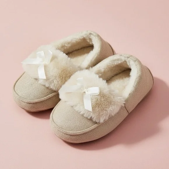 Gina Group Girls Faux Fur Plush Bow Moccasin House Slippers Champagne Gold 11T