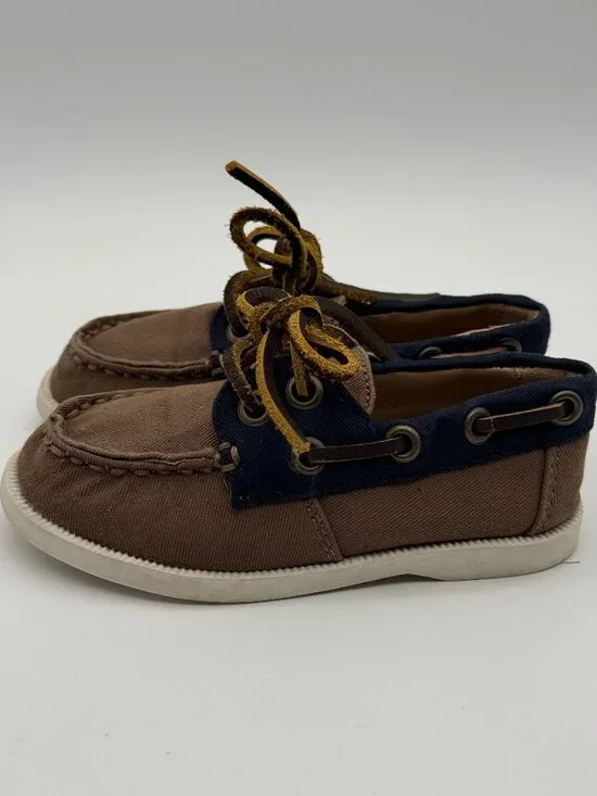 Janie and Jack Brown Canvas & Navy Boat Shoes Size 8