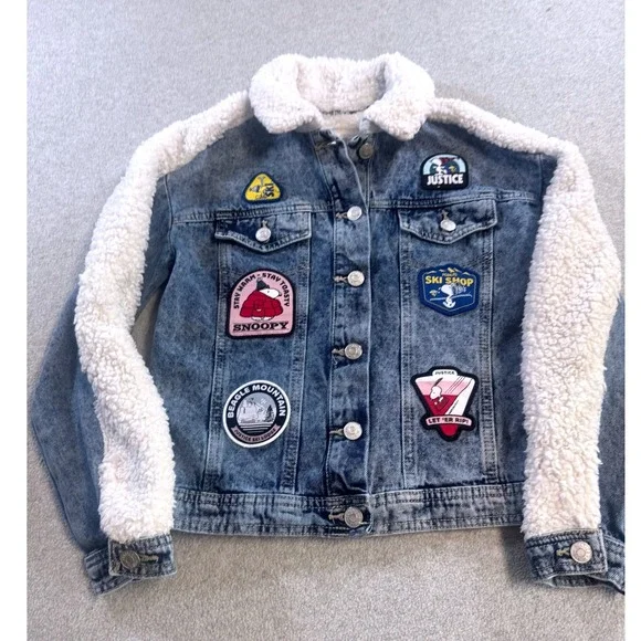 Justice Peanuts Snoopy Denim Jacket Kids‎ Size 7/8 Blue Sherpa Patches Kidcore