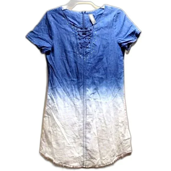 Justice Girls Ombré Chambray Lace-Up Dress – Size 12 – Short Sleeve Denim Look
