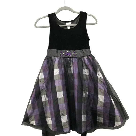 Justice Plaid Tulle Party Dress Girls 12 Black Purple Velvet Holiday Sleeveless