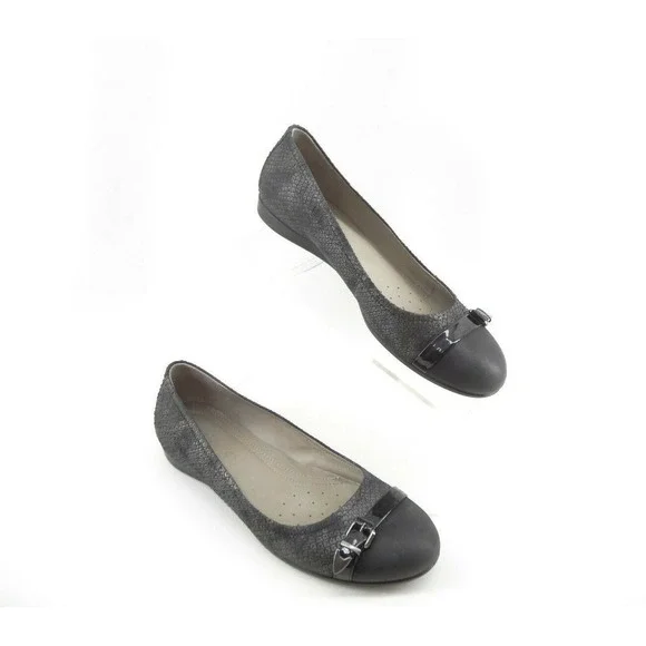 ECCO Womens SZ 38 EU 7-7.5US Black Leather Snake Skin Print Buckle Comfort Flats