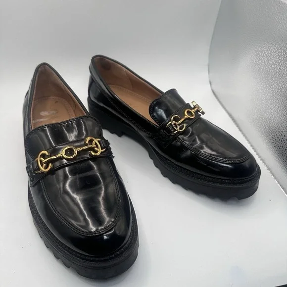 Circus‎ Sam Edelman Deana Lug Sole Loafers Black Patent Gold Hardware Women's 9