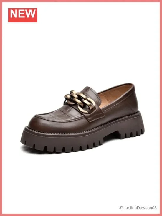 Leather Platform Loafers Women Lug Sole Slip On Chain Shoes Convertible Heel
