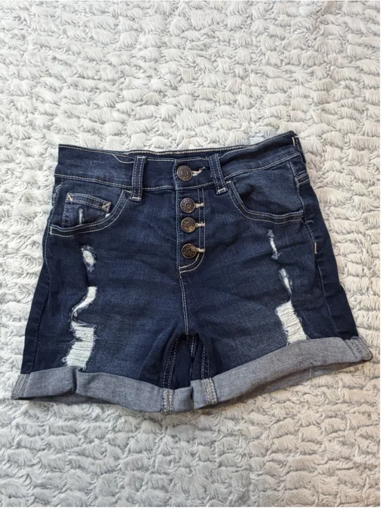 Justice Girls Size 10 Dark Wash Denim Shorts Distressed Cuffed Stretch Heart