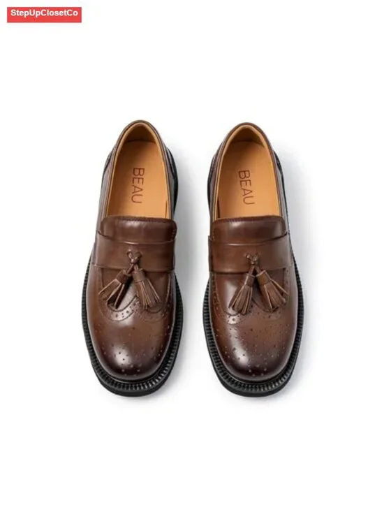 Genuine Calfskin Women's Tassel Loafers Non Slip Chunky Platform Leather Shoes