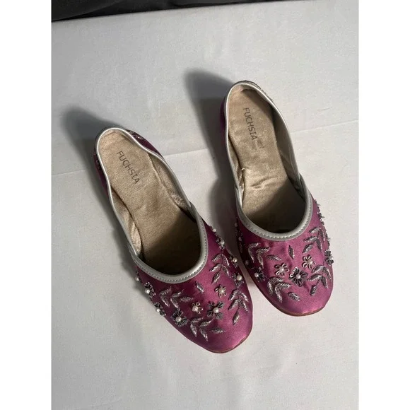FUCHSIA Handmade Embroidered Khussa Mule Flats Women's Size 8R‎ Purple Pearl