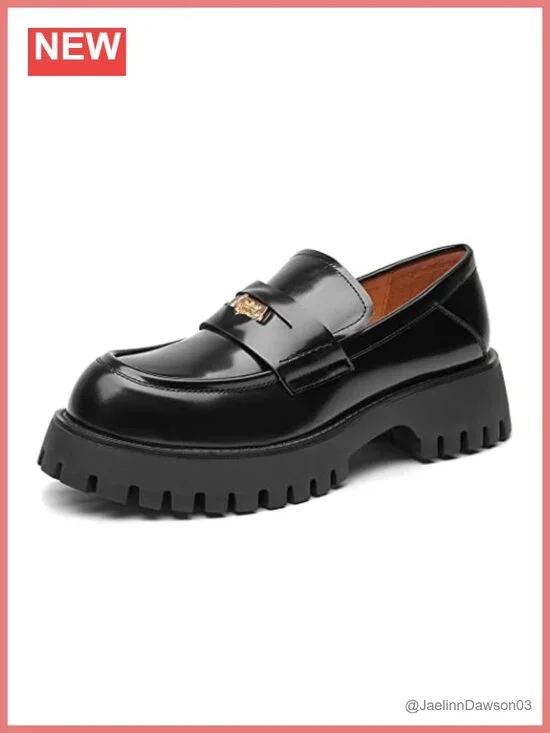 Genuine Leather Chunky Platform Loafers Lug Sole Slip On Comfortable Work Shoes