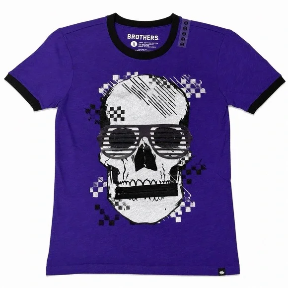 Brothers by Justice Purple Skull Graphic T Shirt Halloween Zipper Mouth M 10 NWT