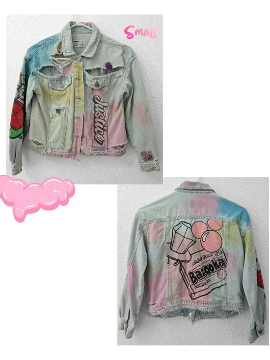 Deadstock Justice x Bazooka Ring Pop Girls Pastel Distressed Denim Jacket Y2K S