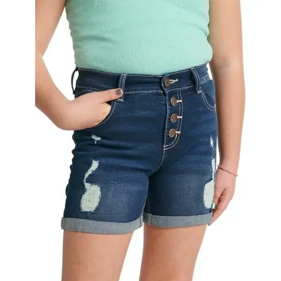 Justice Girls Blue Distressed Ripped Denim Jean Cuffed Shorts Youth Size 12
