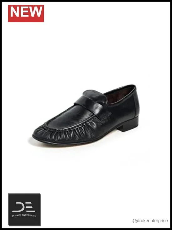 Leather Scrunch Detail Pull-On Loafers Flat Shoes Women's Round Toe