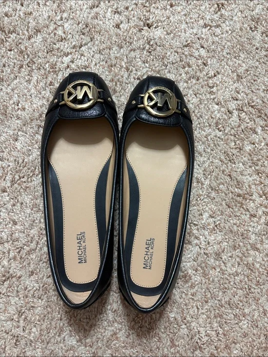 MICHAEL Michael Kors Black Leather Logo Ballet Flats with Gold MK Emblem