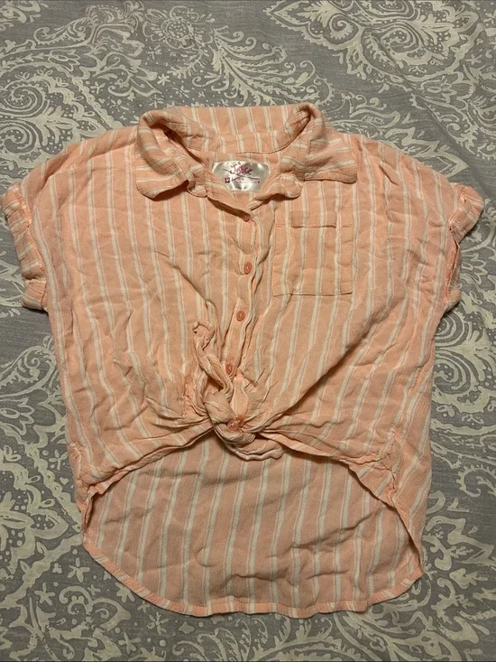 Justice Peach and White Striped Button-Front Tie Top