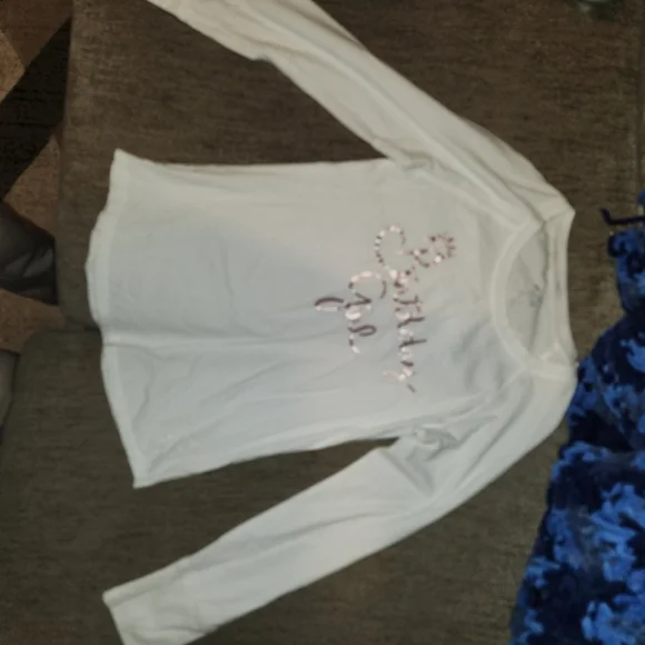 Justice White Long Sleeve Shirt with Pink Glitter Text