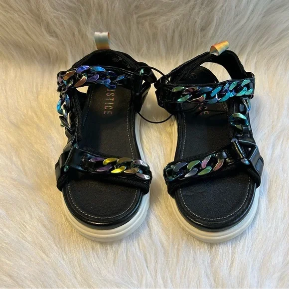 Justice Sandals Girls Size 1 Black‎ Chains Open Toe Adjustable Shoes