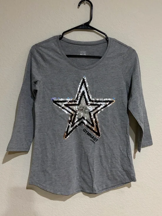 Justice Active Girls 14/16 XL Gymnast Shirt Flip Sequin Star 3/4 Sleeve Gray