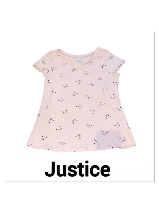 JUSTICE Pink Cat Print V Neck T-shirt size 14