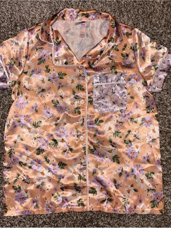 pink & purple floral satin pajama top