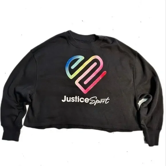 Justice Sport Girls Youth Size Medium (10) Sweater Crop Top Black‎ Shiny logo
