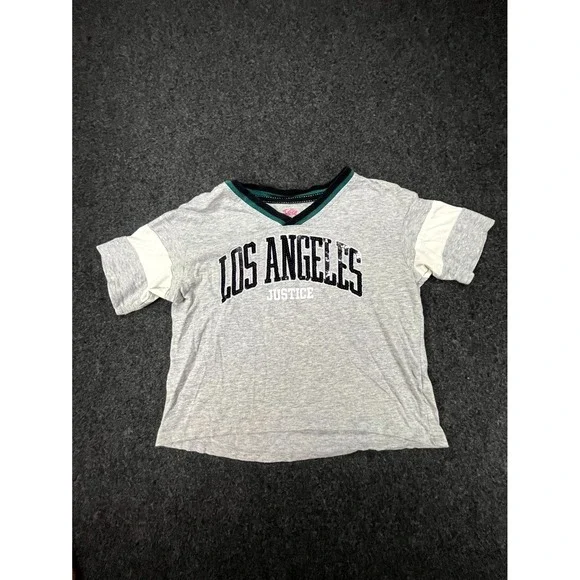 Justice T Shirt Girls S(7/8) Heather Gray Los Angeles Sequin Varsity V Neck