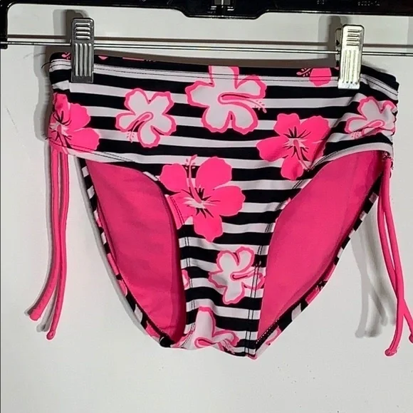 Justice Hot pink hibiscus striped bikini bottom girls size 10