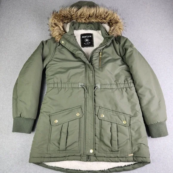 Justice Parka Jacket‎ Girls XL 16/18 Olive Green Sherpa Lined Fur Hooded Zip Up