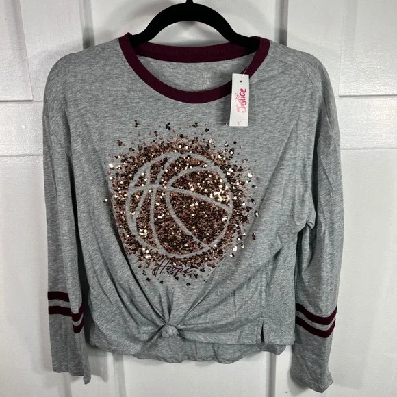 Justice Active Girls Gray‎ Sequin Basketball Hoops LS Knot Front Top 14 NWT