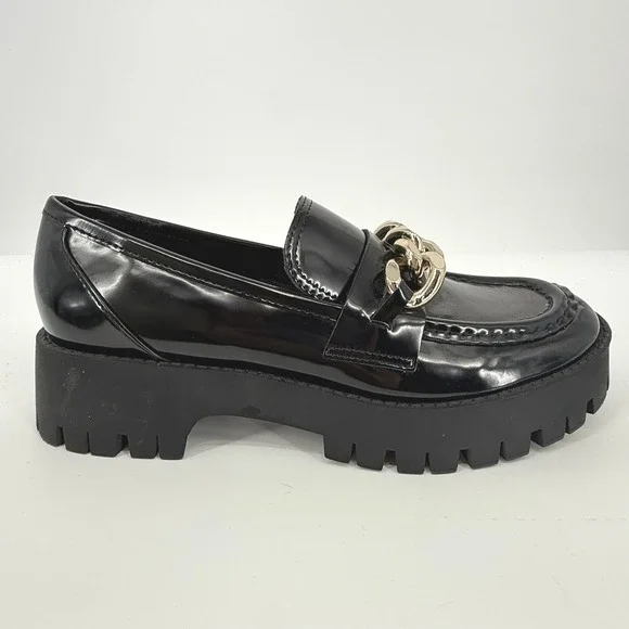 Guess Hillford Loafer Womens 8.5 Black Fair Chunky Lug Sole Gold Chain Platform