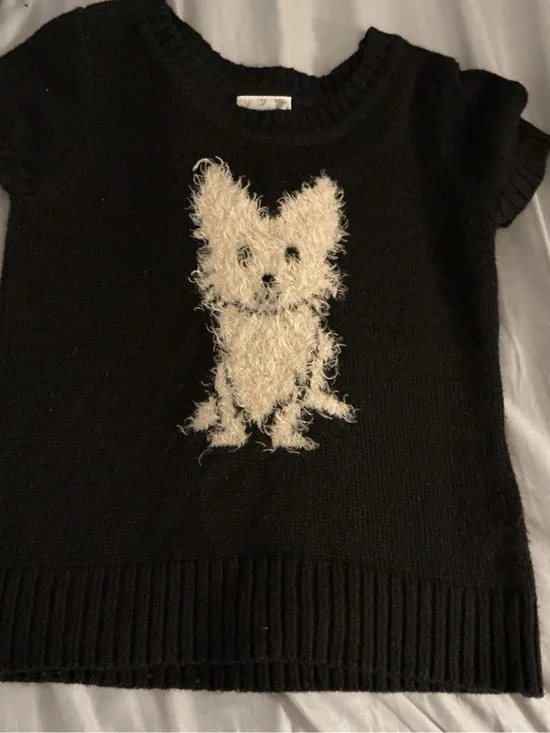 Justice Black Short-Sleeve Sweater with Cream Fuzzy Dog Motif