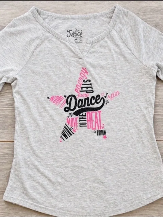 Original Justice Grey 3/4 Sleeve Dance Top Shirt Girls Sz. 12