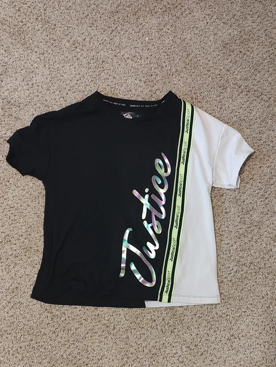 Justice Black & White Colorblock Tee with Neon Lime Accent