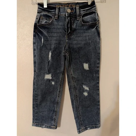 Justice Girls Mini Mom Jeans Medium Wash Distressed Denim Size 7 469821   NWT