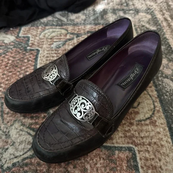 Brighton Artist Black Leather Loafers W/Croc Embossing Metal‎ Embellishment 8.5
