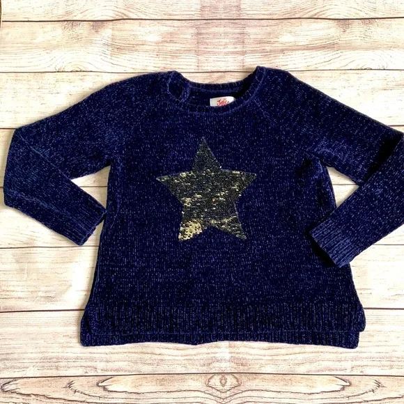 Justice Flip Sequin Chenille Sweater Girls 10/12 Plus Navy Blue