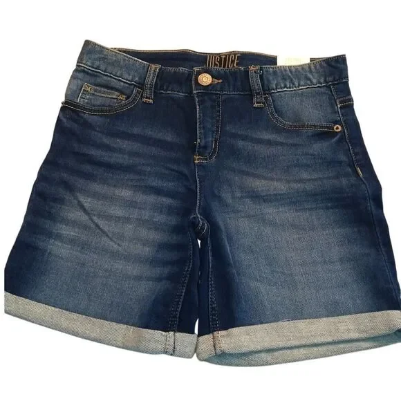 Justice Girls Dark Wash Denim Cuffed Mid Thigh Shorts - Size 16