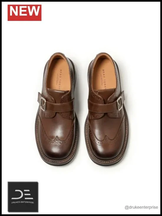 Women's Leather Monk Strap Loafers Brogue Oxford Shoes Slip-Ons