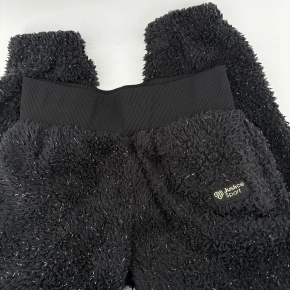 Justice Sport Girls 10 M Black Fuzzy Sherpa Sparkle Jogger‎ Pants