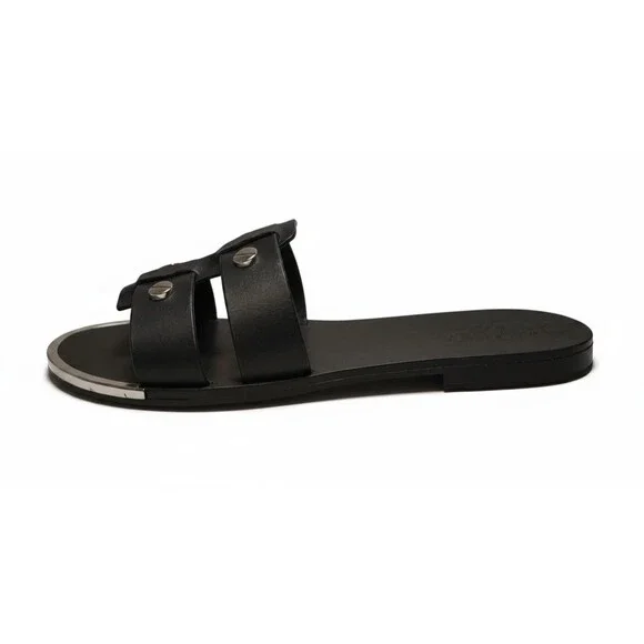 DKNY Glynn Black Leather Studded Slide Sandals Slip On Flats Womens Size 7.5 New