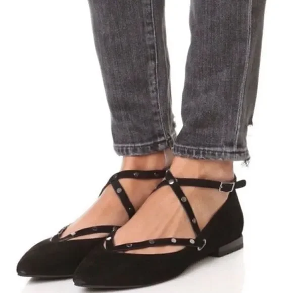 Rebecca Minkoff Black Hexagon Heel Strappy Rivet Pointed Toe Suede Leather Flats