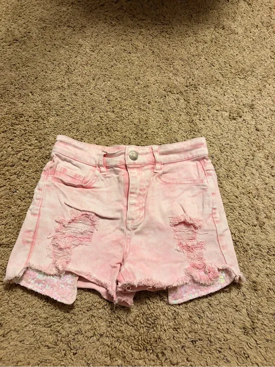 Justice Pink Distressed Denim Shorts with Sequin Hem