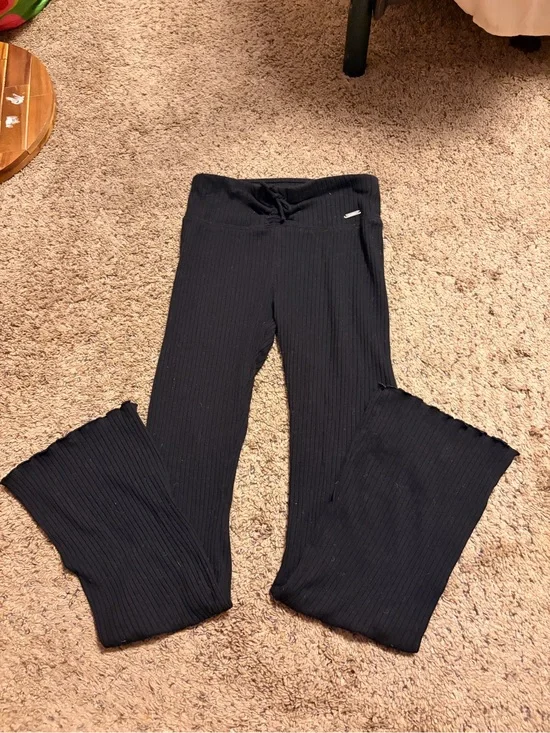 Black Ribbed Flare Leggings with Drawstring