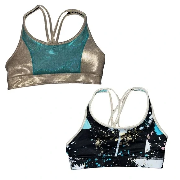🍄 3/$25 Justice Girls Reversible Sports Bra Black Turquoise and Gold Size 10