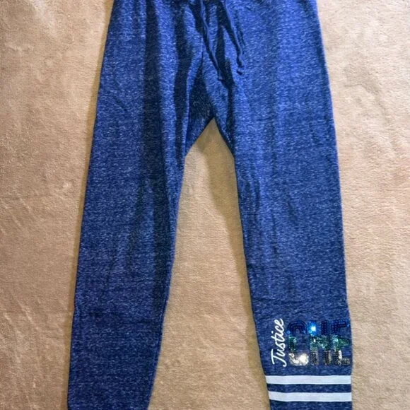 Justice Active Girls 12 Heather Blue Sequin Cheer Gymnast Sweatpants‎ Joggers