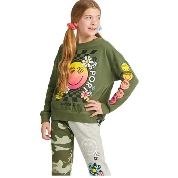 Justice Sport Olive Green Smiley Floral Sweatshirt Medium
